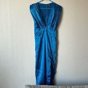 Teal blue long dress with long v neck opening and side slit